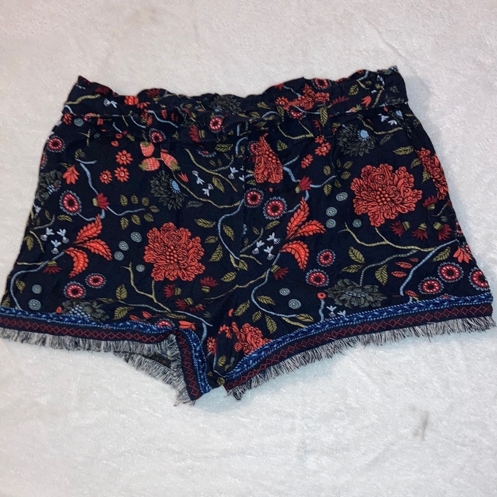 Ann Taylor LOFT Navy Floral High-Waist Shorts with Red & Green Print